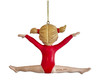 Blonde Girl in Pigtails in a Red Leotard doing a Jump Stretch in Gymnastics