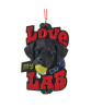 Love My Lab Ornament Featuring Dog holding a Green Tennis Ball with Holly Christmas Accents