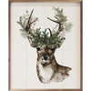 Watercolor style Deer with Pine branches and pinecones in the antlers on Wood Framed Sign