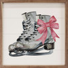Silver Gray Ice Skates with Pink Bow on Wood Framed Sign