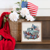 Classic Light Blue Pickup Truck with American Flag and Red, White, and Blue Flowers - Watercolor Style Artwork