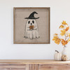 Cute Ghost in Witch Hat with Jack-o-Lantern Pumpkin on Wood Framed Sign