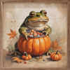 Green toad with pumpkin full of Halloween candy on Wood Framed Sign