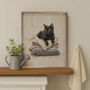 Adorable Black Cat Sitting On A Pile Of Folded Laundry on Wood Framed Art Print for Laundry Room Decor