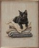Adorable Black Cat Sitting On A Pile Of Folded Laundry on Wood Framed Art Print for Laundry Room Decor
