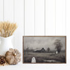 Two creepy ghosts in farm land by an old barn on Wood Framed Wall Sign