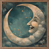 Vintage Style Happy Moon Face with Stars on Wood Framed Sign