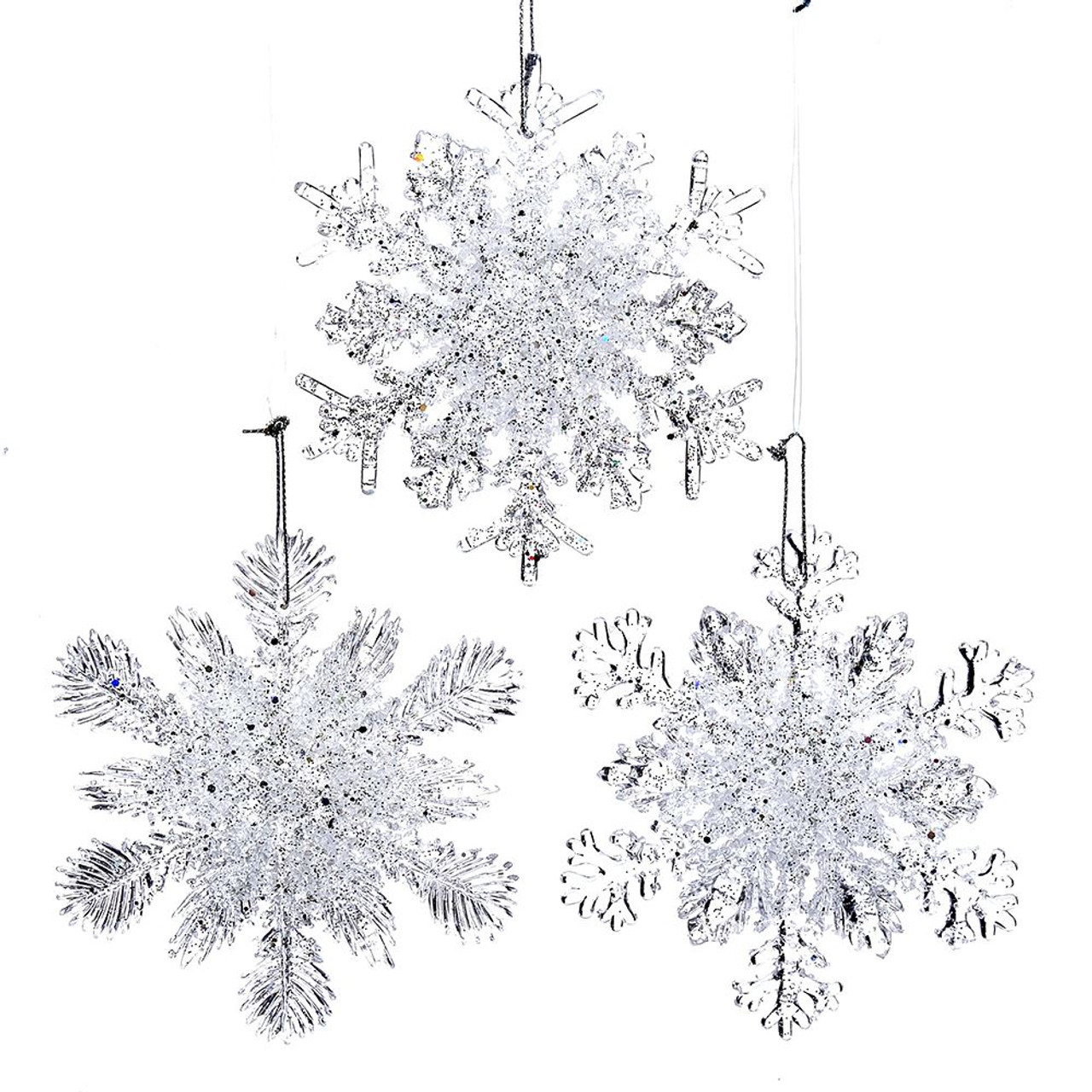 Set of 10 Sparkling SILVER Glitter 4 Snowflake Ornaments ~ Christmas