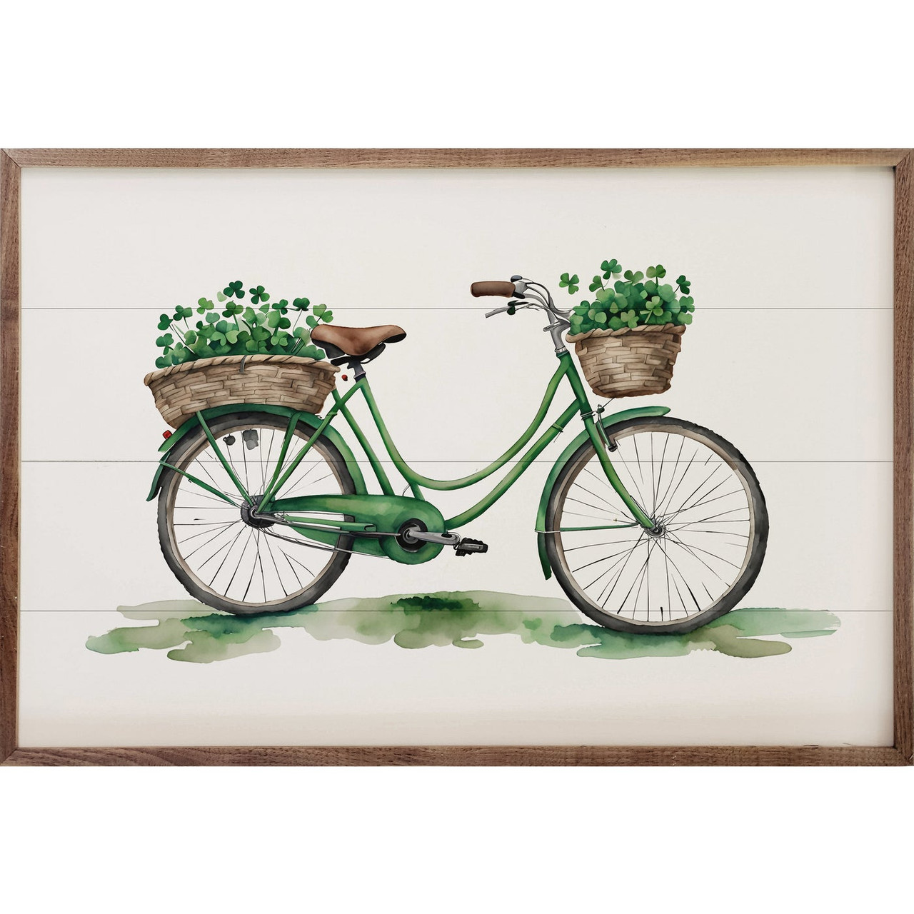 Wood Framed Decor Sign Green Classic Bicycle with Baskets of