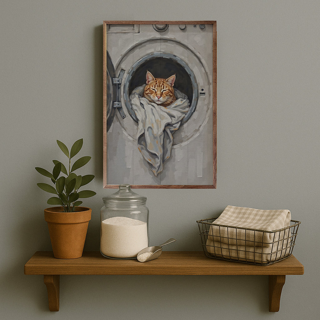 Orange Cat In Washing Machine - Fun Laundry Room Wood Framed Wall Art ...