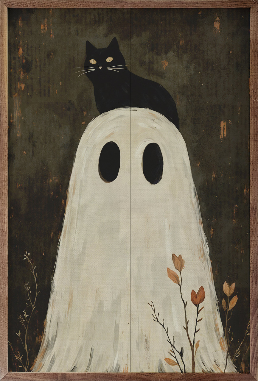 絵画 GHOST CRDP60% Ghost with Black Cat - Halloween Wood Framed Art - Multiple Sizes