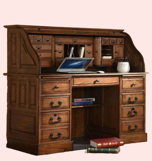 Roll Top Desk Solid Wood Deluxe Executive Oak 54Wx28Dx49H BW
