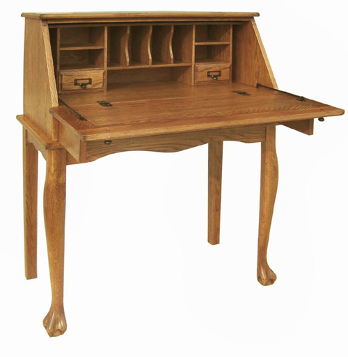 Secretary Desk Solid Oak Wood Drop Front Desk with Drawer Sturdy Curved Cabriole Legs 32" W x 29" D x 41.5" H Laptop Desk Burnished Walnut Finish Home Office, Kitchen, Family Room, Bedroom 