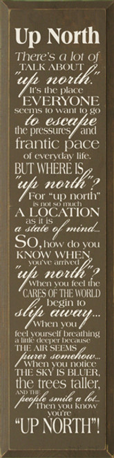 Up North - There's a lot of talk about "up north." It's the place everyone seems to want to go to escape the pressures and frantic pace of everyday life. But where is "up north"? For "up north" is not so much a location as it is a state of mind... So, how do you know when you've arrived "up north"? When you feel the cares of the world begin to slip away... When you feel yourself breathing a little deeper because the air seems purer somehow... When you notice the sky is bluer, the trees taller, and the people smile a lot... Then you know you're "up north"!