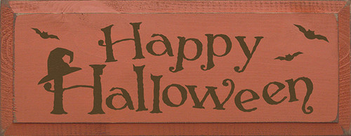 Wood Sign - Happy Halloween ( With Bats And Witch Hat)