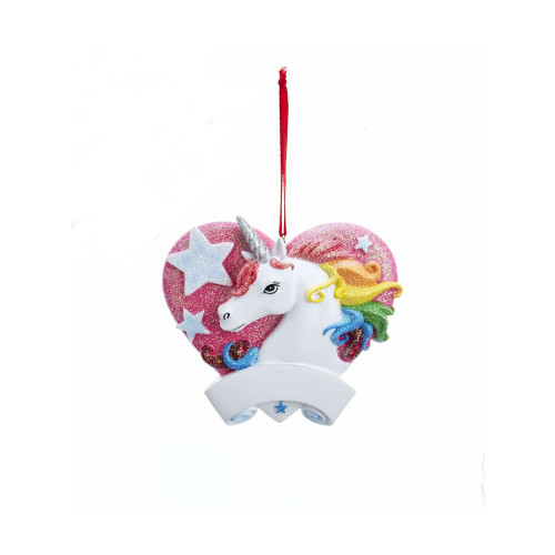 Pink Glitter Rainbow Magic Unicorn With Heart Ornament For Personalization 3 in.