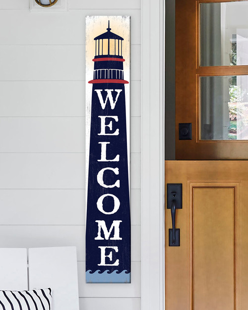 Outdoor Welcome Sign for Porch - Lighthouse - Vertical Porch Board 8x47 Nautical Theme