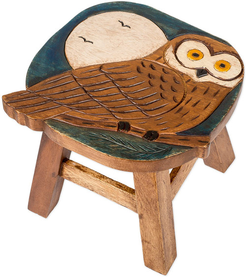 Owl and the Moon Step Stool Hand Carved Solid Acacia Sturdy Wood Stool For Children or Adults 10x10.5x10