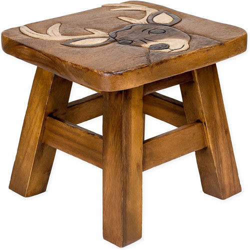 Buck Deer Step Stool Hand Carved Solid Acacia Sturdy Wood Stool For Children or Adults 10x10.5x10