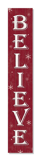 Outdoor Sign - Believe with Snowflakes Red - Vertical Porch Board 8x47