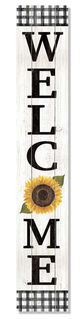 Outdoor Sign - Welcome - Black and White Check With Sunflower - Vertical Porch Board 8x47