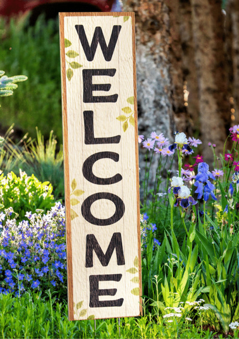 Welcome - White with Green Leaves - Outdoor Standing Lawn Sign 6x24