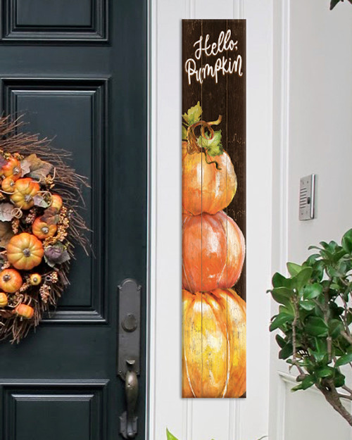 Outdoor Sign - Hello Pumpkin - Autumn Theme - Brown Vertical Porch Sign 8x47