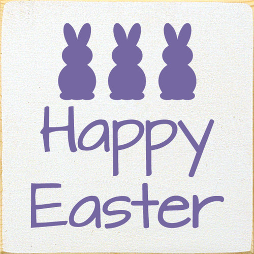WHITE & PURPLE - Happy Easter with Bunny Silhouettes - Wood Sign 7x7