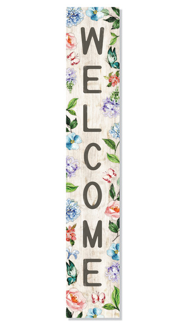 Welcome - Spring Flowers And Butterflies - Vertical Outdoor Porch Sign 8x47