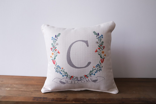 Initial with Colorful Floral Wreath and Welcome Banner Personalized Square Pillow