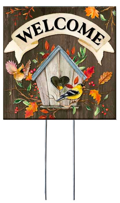 Welcome - Fall Birdhouse - Square Outdoor Standing Lawn Sign 8x8