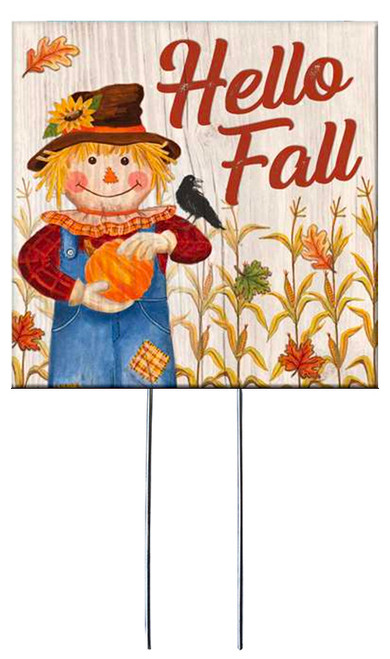 Hello Fall - Scarecrow - Square Outdoor Standing Lawn Sign 8x8