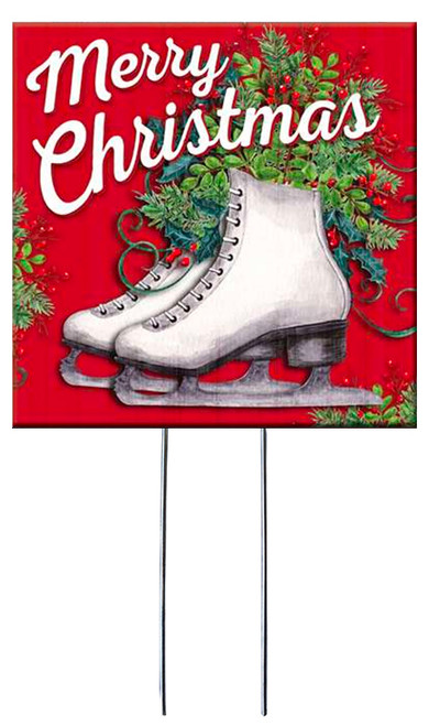 Merry Christmas With Ice Skates - Square Outdoor Standing Lawn Sign 8x8