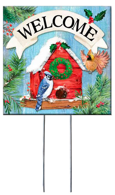 Welcome with Winter Birdhouse - Square Outdoor Standing Lawn Sign 8x8