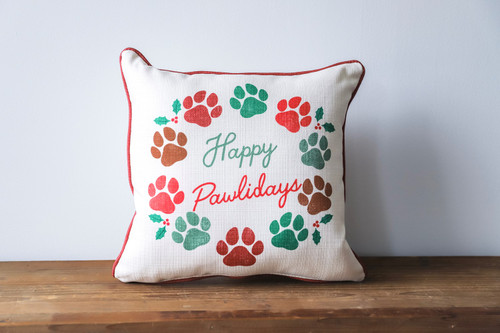 Happy Pawlidays with Paw Holiday Wreath Square Pillow