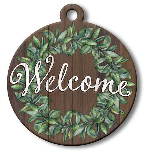 Welcome With Green Wreath - Large Wooden Door Ornament