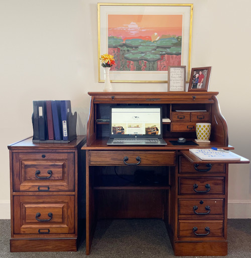 Small Roll Top Desk Single Pedestal 42x24x45 Plus Solid Oak Two Drawer File Cabinet BW Home Office Suite Solid Oak Wood