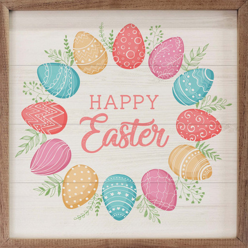 Happy Easter with Colorful Egg Wreath - Wood Framed Sign
