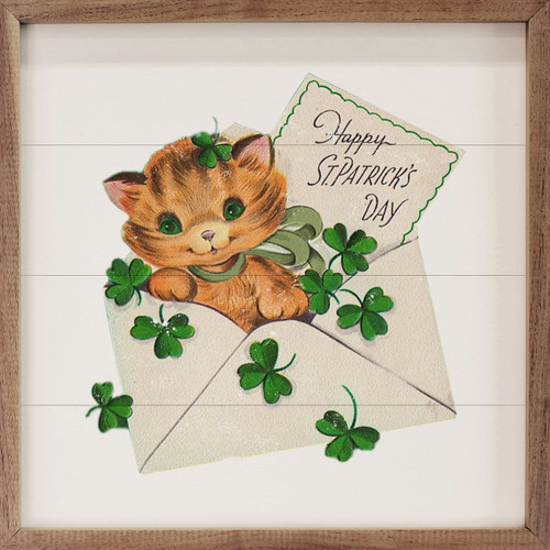 Happy St Patrick's Day with Adorable Kitten in Envelope - Wood Framed Sign