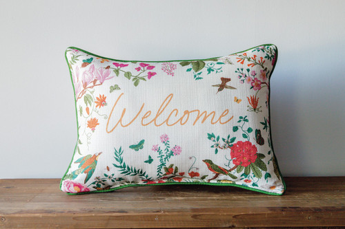 Welcome with Birds, Butterflies and Flowers - Rectangle Pillow