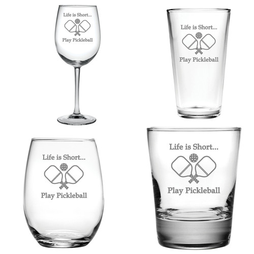 Life Is Short... Play Pickleball Etched Glassware Set of 4 - Choice of Wine Glass | Stemless Wine | Double Old Fashioned | Pint Glass