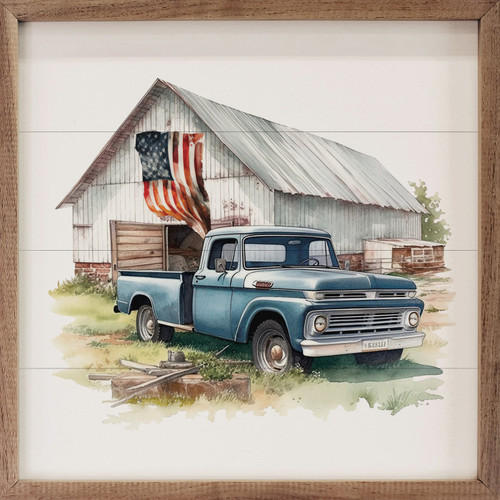 Blue Truck In Front of Barn with American Flag - Wood Framed Art - Multiple Sizes