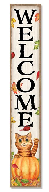 Welcome with Orange Cat In Pumpkin - Tall Outdoor Porch Sign 8x47in.