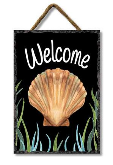 Welcome with Scallop Shell - Outdoor Hanging Sign 8x11in.