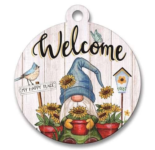 Welcome - My Happy Place with Gnome Surrounded By Pots of Sunflowers - Large Wooden Door Hanging Sign For Front Door Or Porch 19x21in.