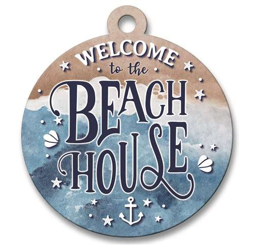 Welcome To The Beach House with Anchor and Sand and Water - Large Wooden Door Hanging Sign For Front Door Or Porch 19x21in.
