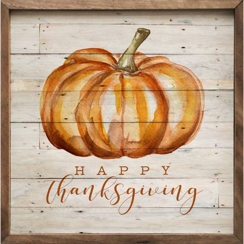 Happy Thanksgiving with watercolor style Orange Pumpkin on Wood Framed Sign