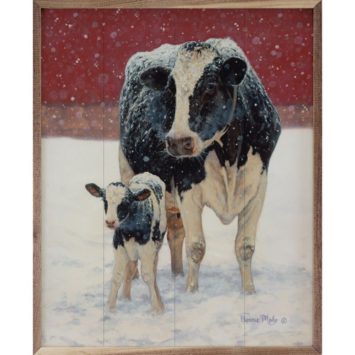 Mother and Baby Cow in the Snow against red wall on Wood Framed Sign