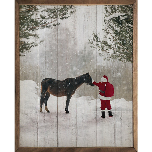 Santa in the Snow with Brown Horse on Wood Framed Sign