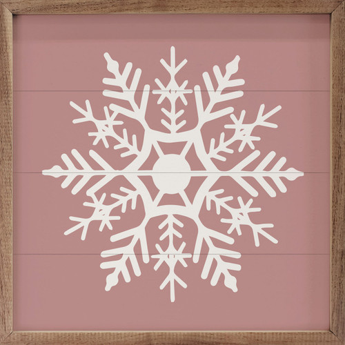 White Twelve Point Snowflake on Dusty Pink Background - Watercolor Style on Wood Framed Sign